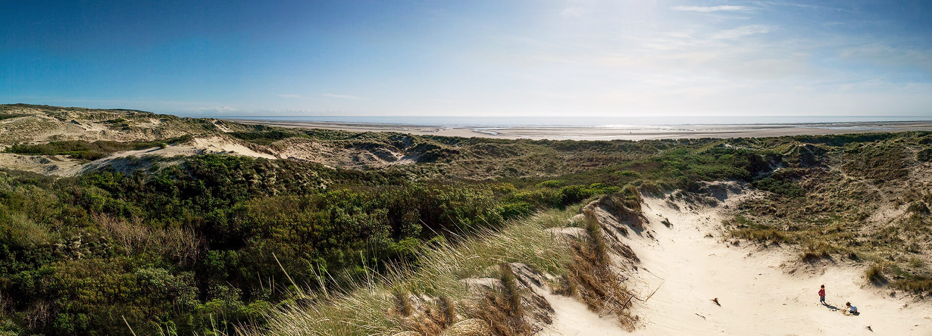 2 enfants jouent sur le sable dans les dunes d'une grande plage du Pas de Calais. Autour des enfants pousse la végétation et au loin, apparaît la plage et la mer sous un grand ciel bleu.