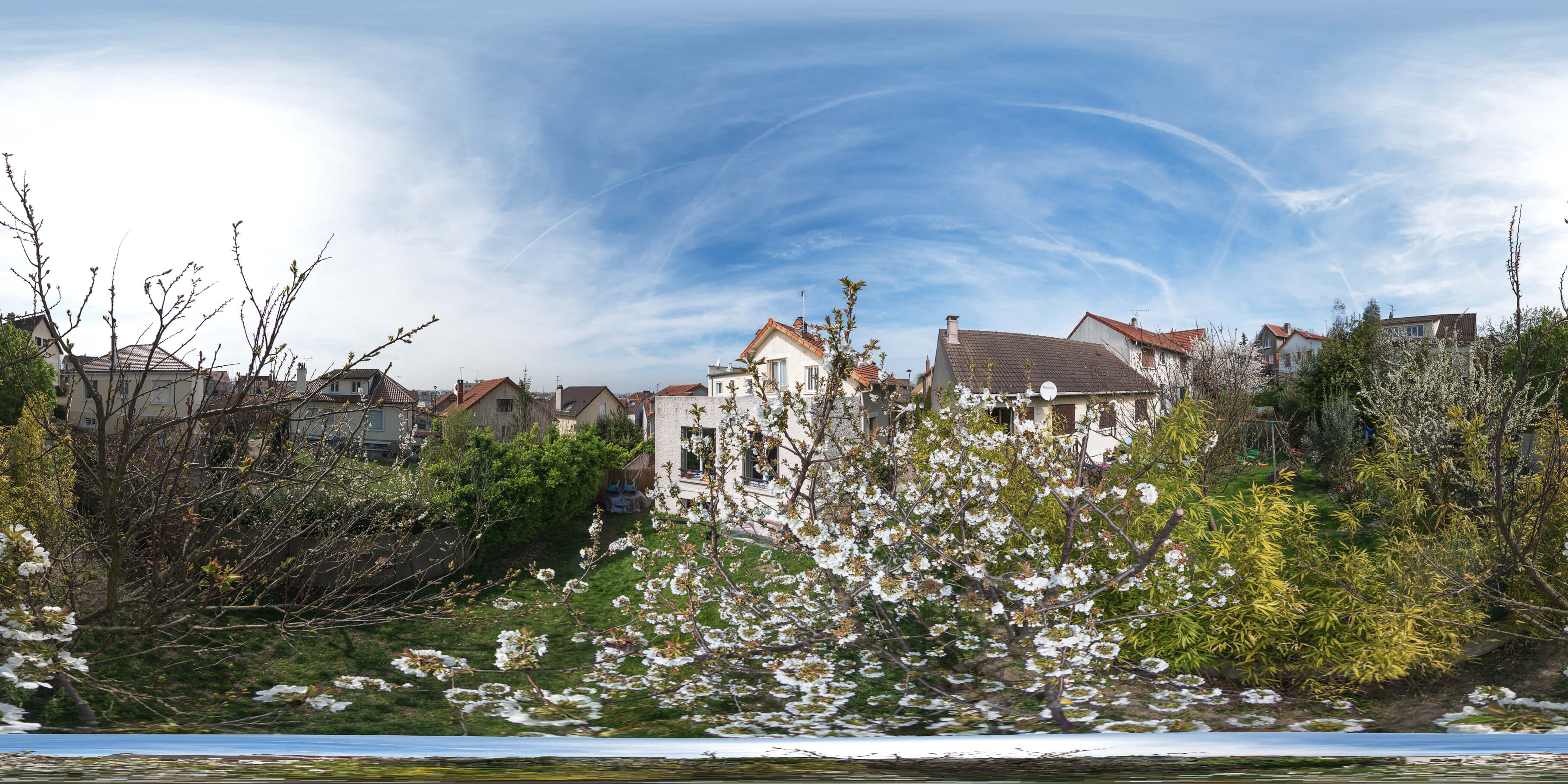 pano-cerisier Photo équirectangulaire composée de 4 photos fisheye prises haut d'un cerisier en fleur